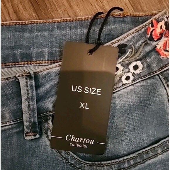 Charton Collection Jeans Womens Flare XL Med Wash Embroidered Flowers Wide-Leg - Picture 4 of 13